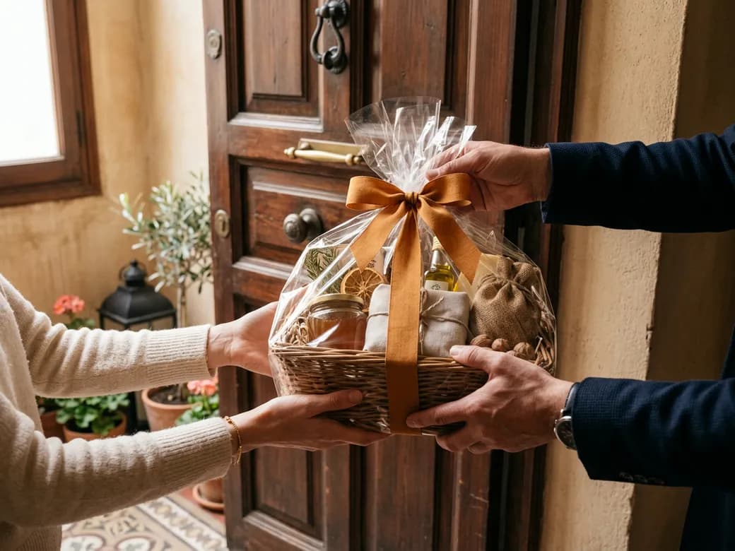 Un repartidor entrega una cesta de regalo en la puerta