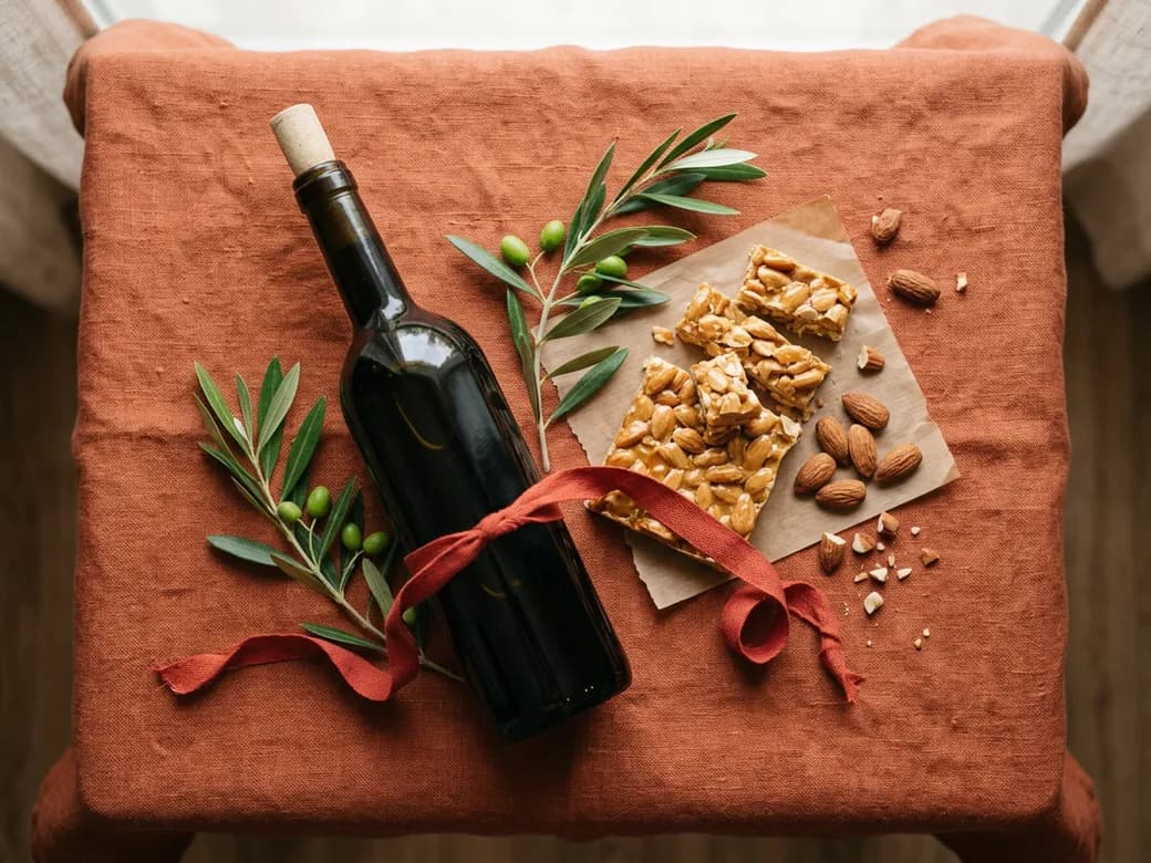 Vino, turrón, almendras y ramitas de olivo