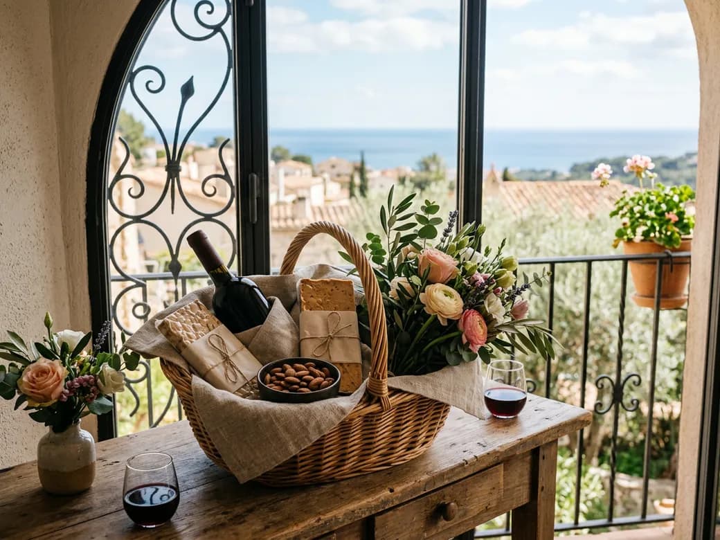 Cesta de regalo con vino, turrón y flores junto a un balcón mediterráneo