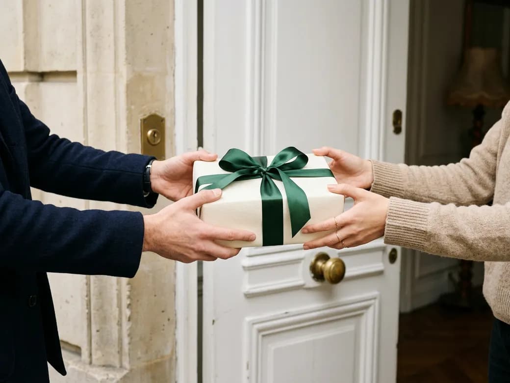 Un livreur remet un coffret rubané à la porte d'un appartement parisien