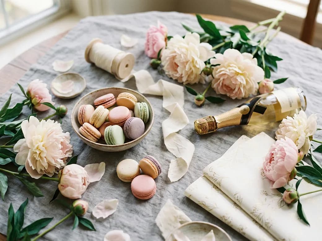 Macarons pastel, champagne et pivoines