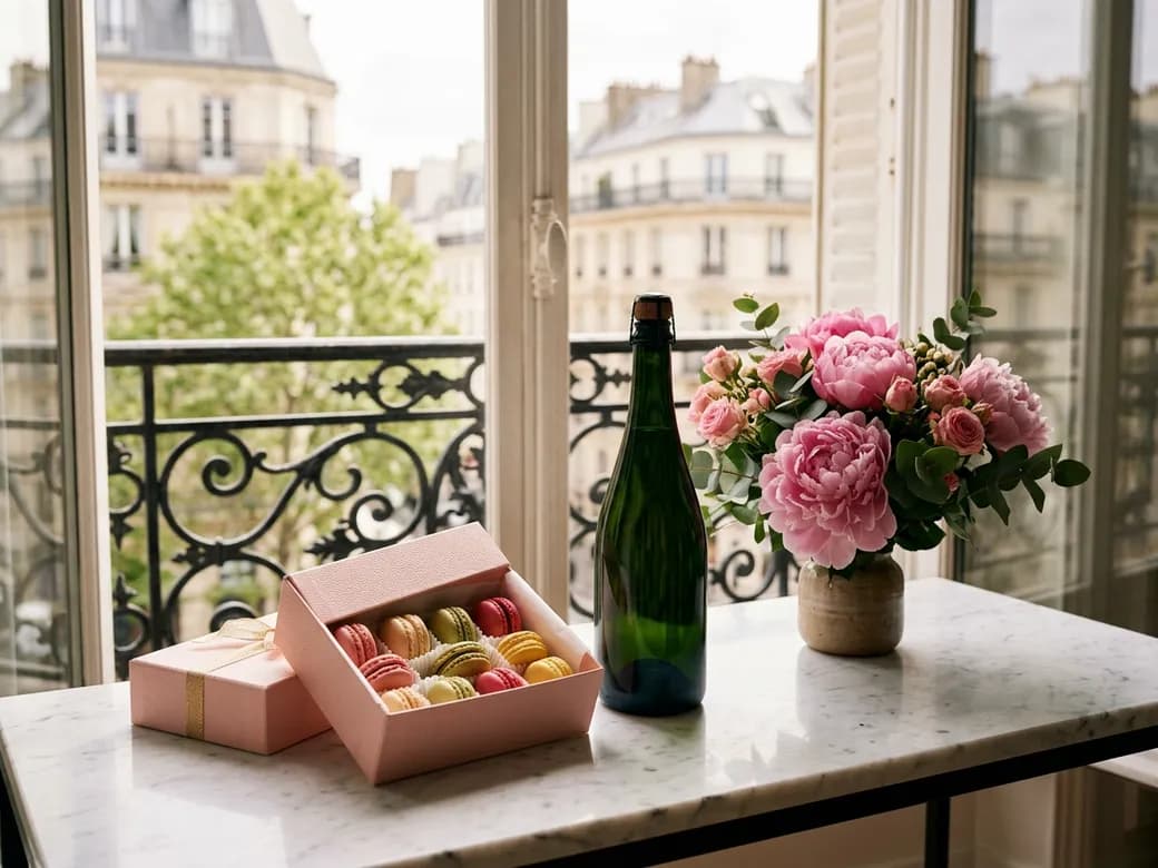Coffret cadeau avec macarons, champagne et pivoines près d'une fenêtre haussmannienne
