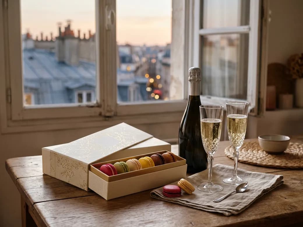 Coffret ouvert sur la table familiale, toits de Paris au loin