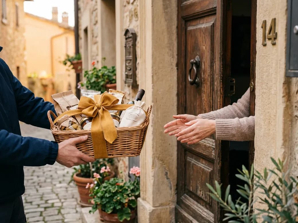 Un corriere consegna un cesto regalo alla porta