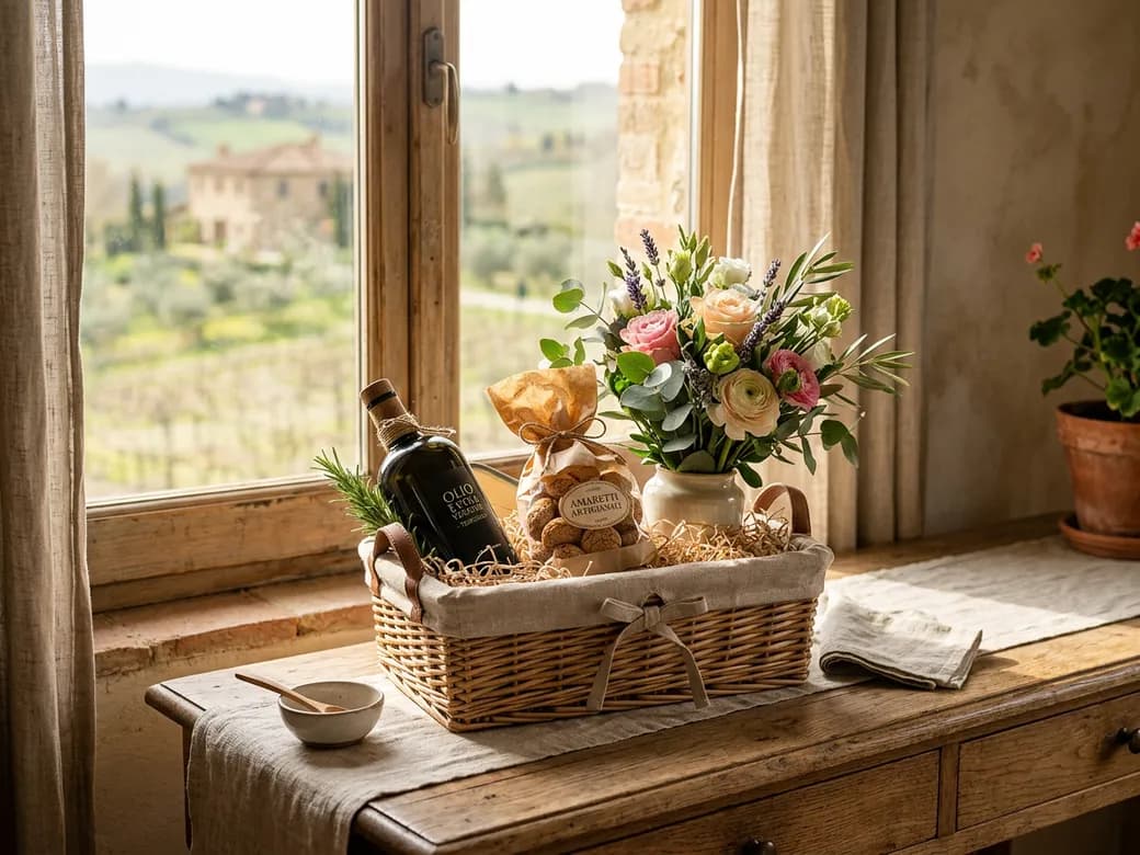 Cesto regalo con olio d'oliva, amaretti e fiori alla luce toscana