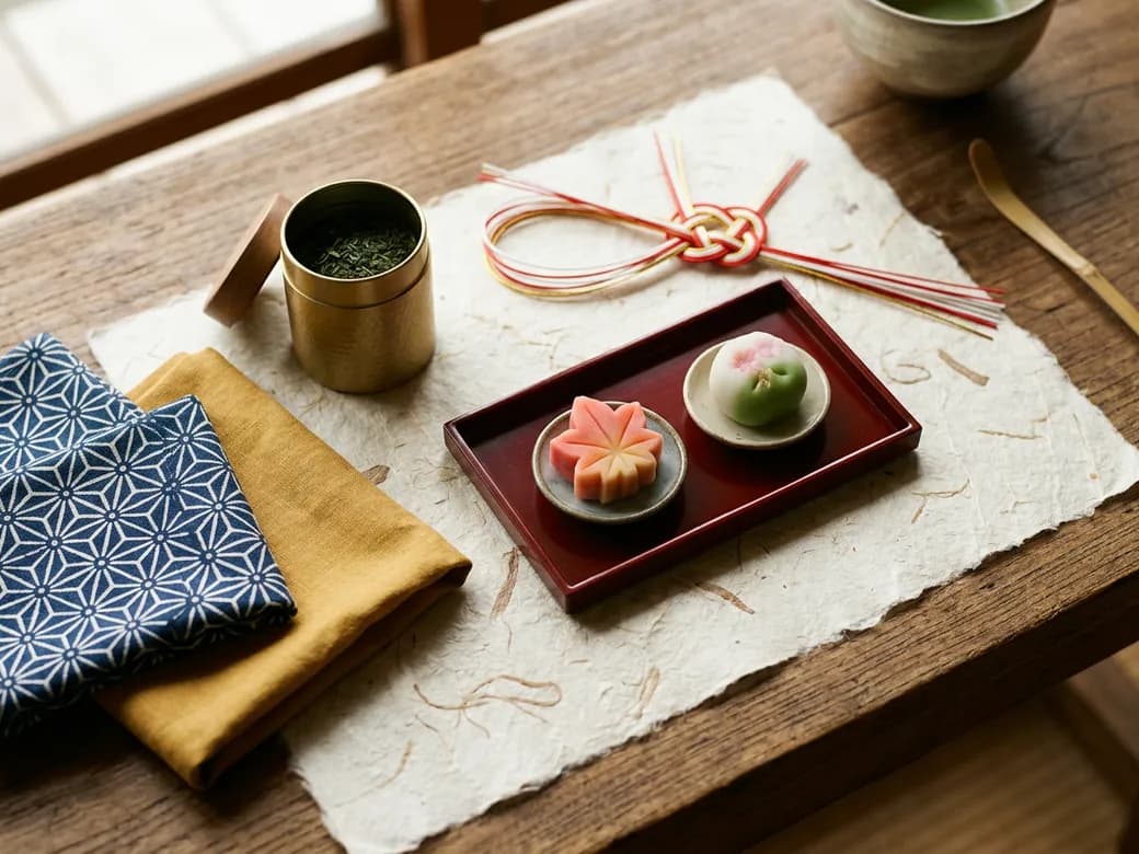 風呂敷、水引、煎茶と和菓子