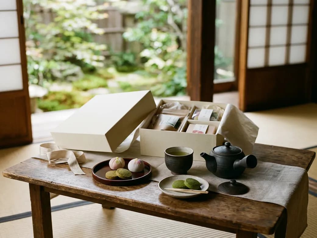 卓上に開かれた贈り物とお茶