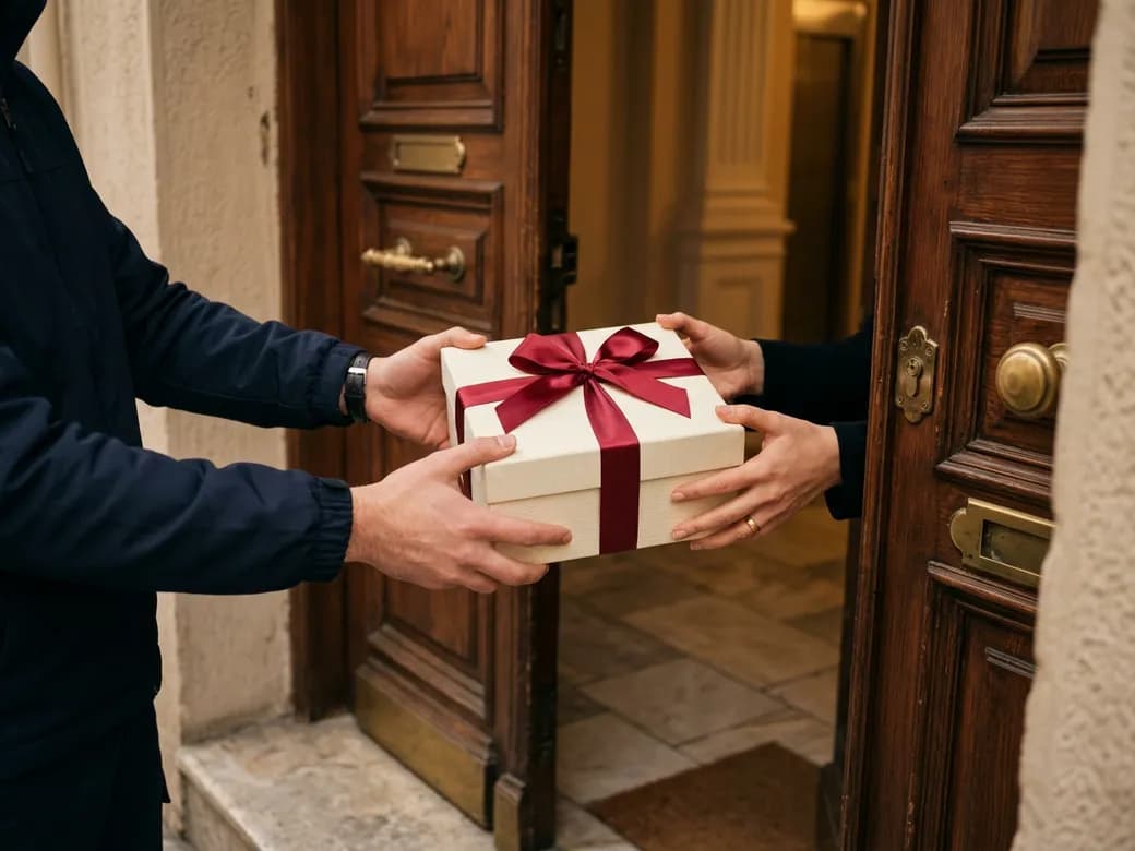 Kurye apartman kapısında kırmızı kurdeleli hediyeyi teslim ediyor