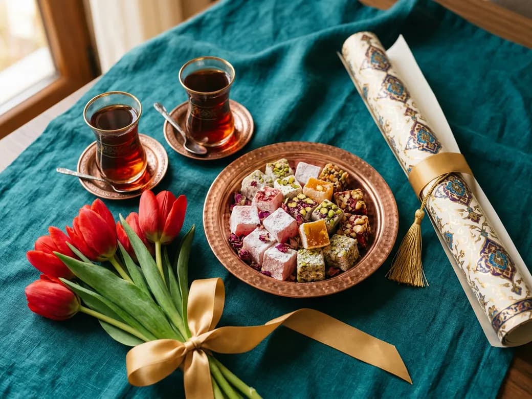 Bakır tabakta lokum, laleler ve çay bardakları