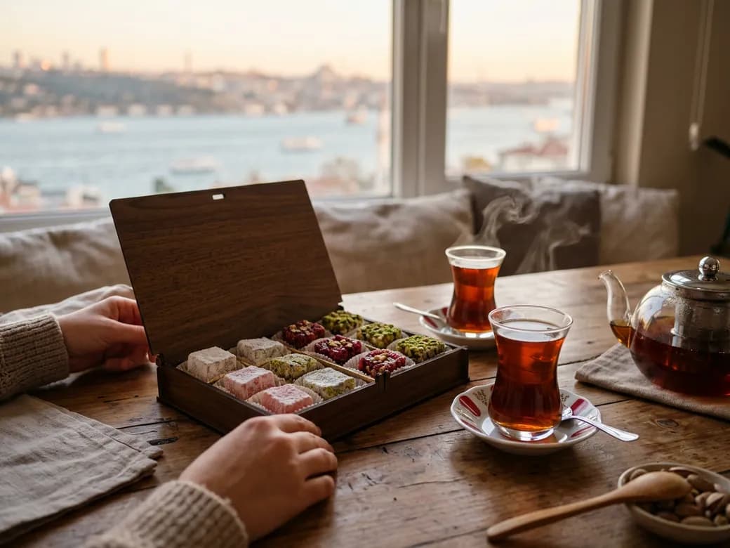 Aile sofrasında açılmış lokum ve çay hediyesi