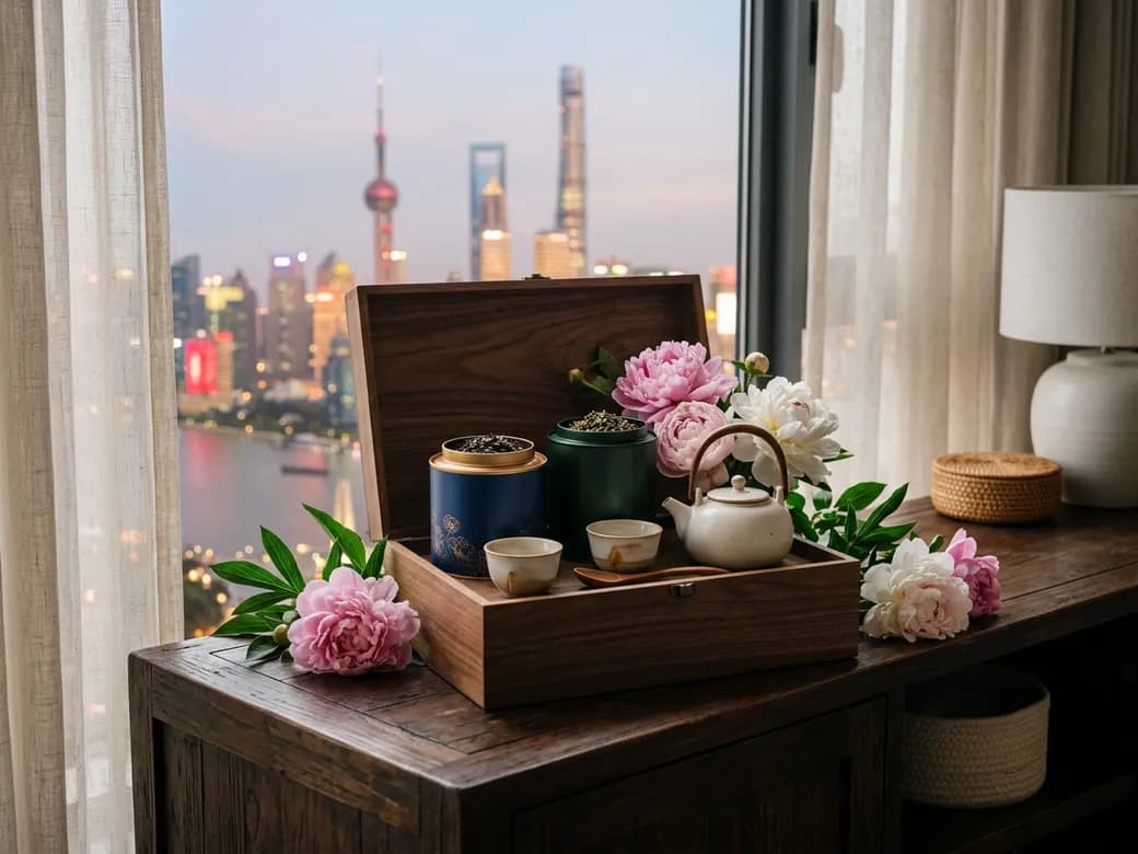 茶叶与瓷器礼盒，窗外上海暮色