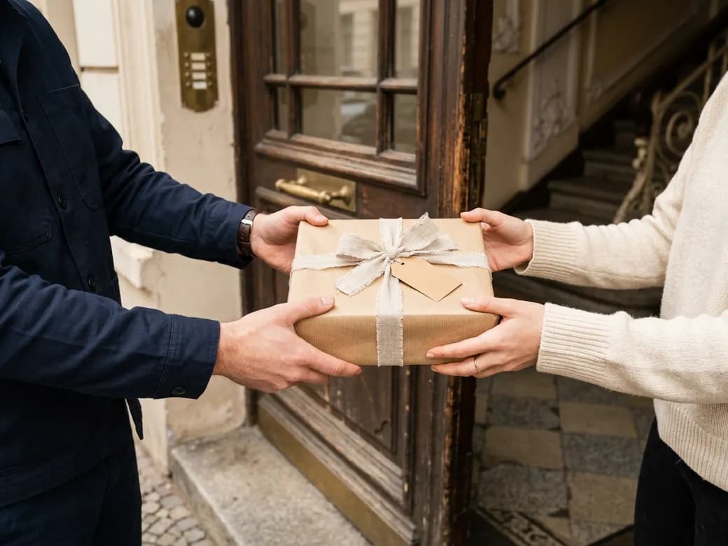 Ein Kurier übergibt ein sauber verpacktes Geschenk an der Altbautür