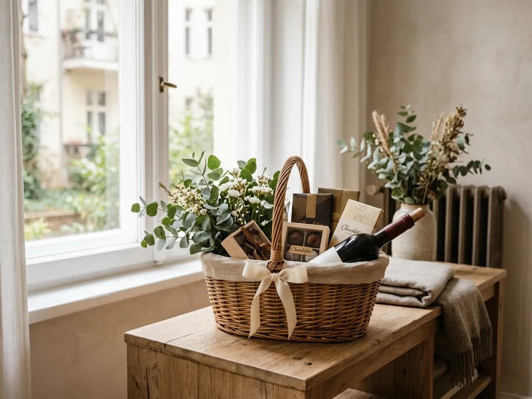 Geschenkkorb mit Pralinen, Wein und Eukalyptus am hellen Altbaufenster