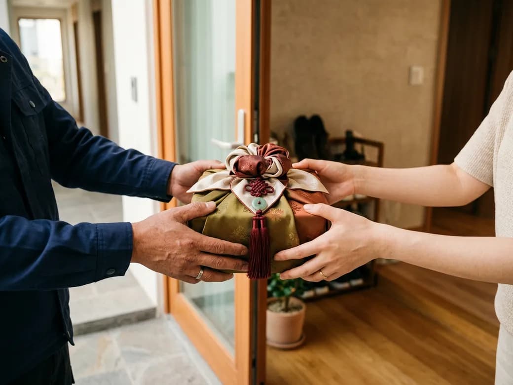 현관에서 보자기 선물을 전달받는 모습