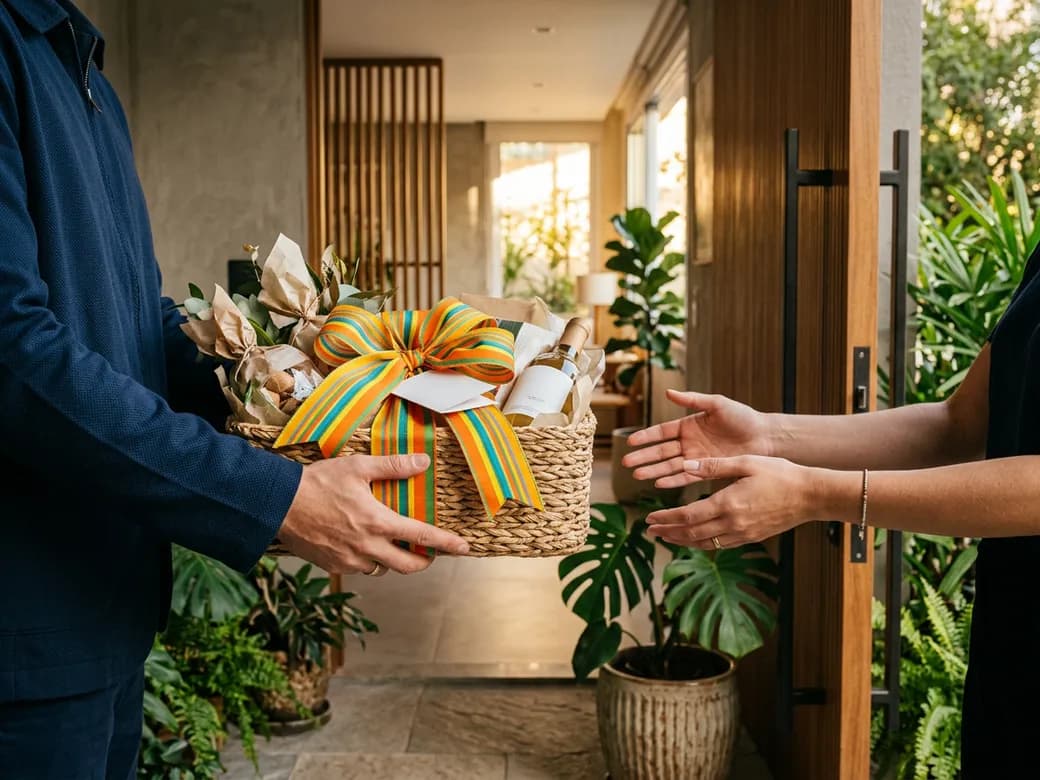 Entregador entrega uma cesta de presente na porta