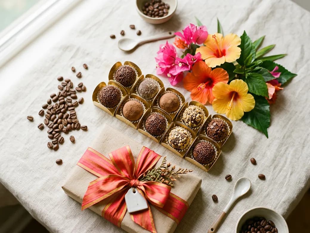 Flores tropicais, brigadeiros e grãos de café