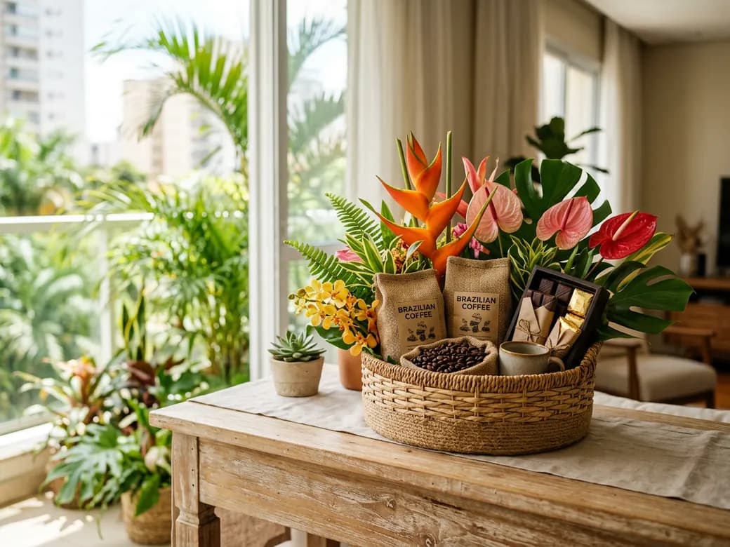 Cesta de presente com flores tropicais, chocolates e café